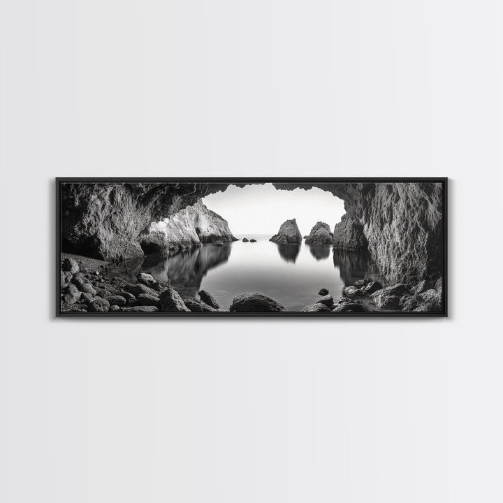 Sea Cave View, Ocean Reflections, Nature Escape, Framed Canvas Print, Beach House Wall Art, Zen Decor, Black and White Coastal Style