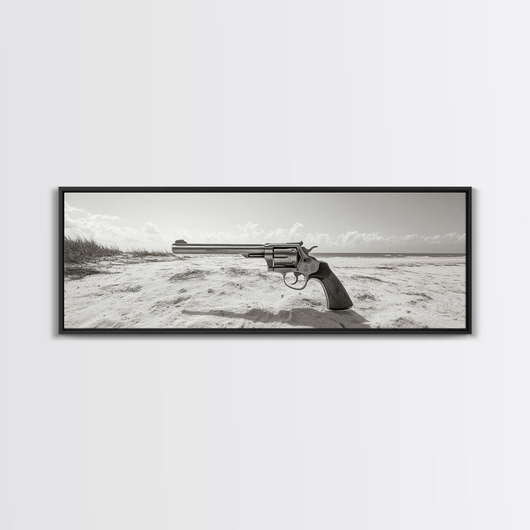 Revolver On Beach, Western Vibes, Americana Style, Framed Canvas Print, Man Cave Wall Art, Bold Statement Decor, Coastal Contrast