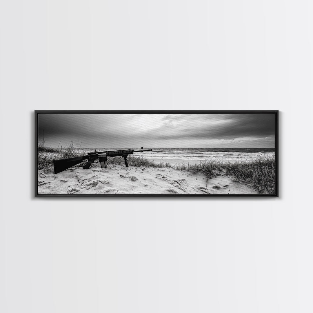Rifle Seaside Scene, Tactical Still Life, Stormy Beach Mood, Canvas Print, Industrial Wall Art, Dramatic Photography, Masculine Decor