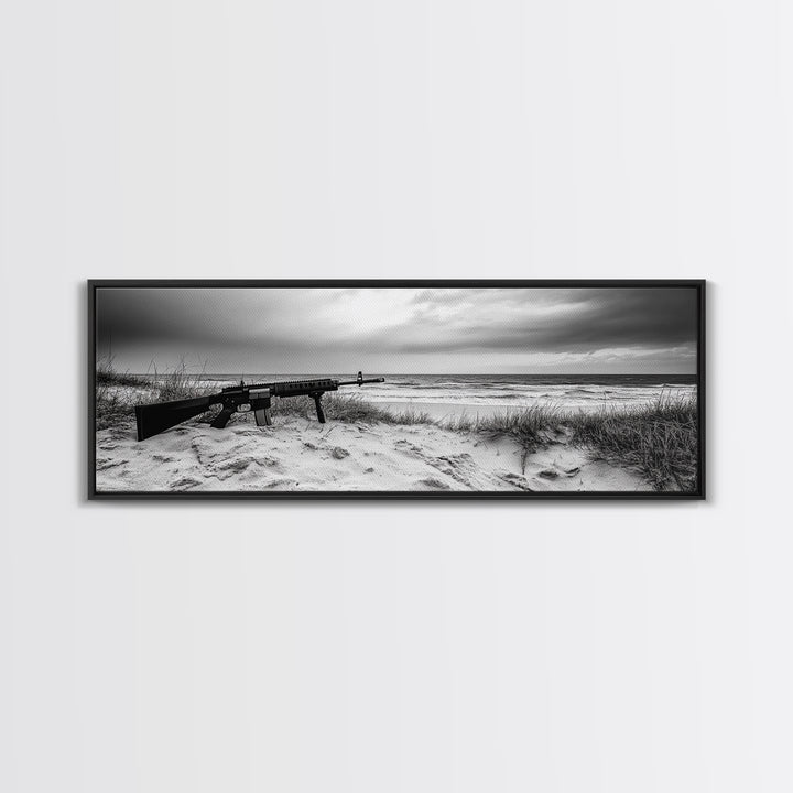 Rifle Seaside Scene, Tactical Still Life, Stormy Beach Mood, Canvas Print, Industrial Wall Art, Dramatic Photography, Masculine Decor