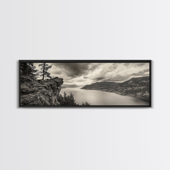 River Cliff View, Forested Mountains, Timeless Horizon, Framed Canvas Print, Living Room Wall Art, Cabin Rustic Decor, Moody Nature Art