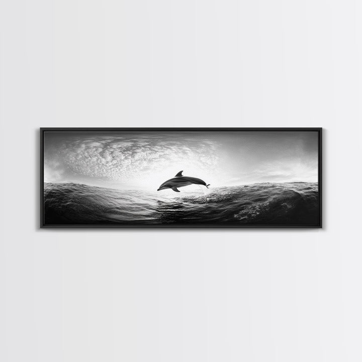 Ocean Dolphin Jump, Seascape Art, Black White Photography, Coastal Wall Decor, Canvas Print, Minimalist Bathroom Wall Art, Nautical Style