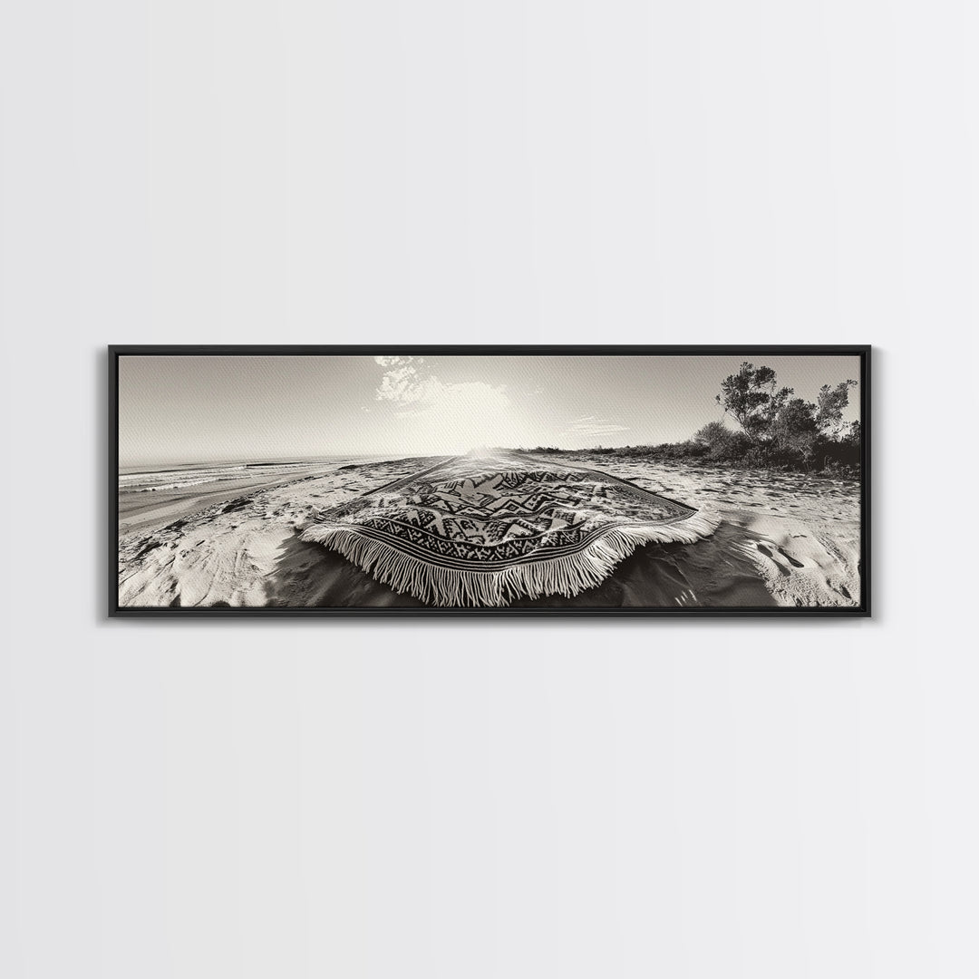 Boho Blanket, Sunrise Beach, Woven Textile, Framed Canvas Print, Bohemian Wall Art, Minimalist Bedroom Decor, Coastal Living Style