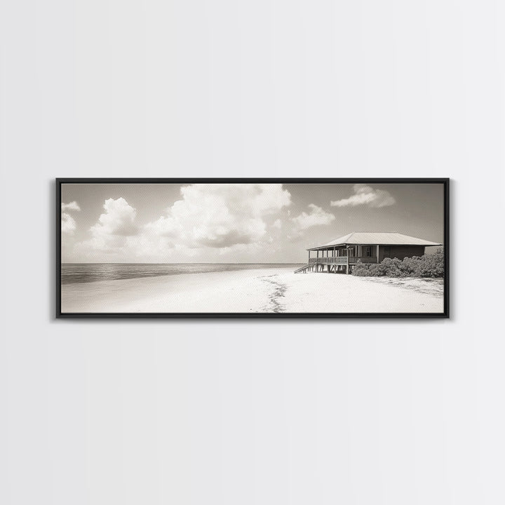 Beach House, Secluded Shore, Calm Waters, Framed Canvas Print, Coastal Wall Art, Minimalist Living Room Decor, Vacation Vibes