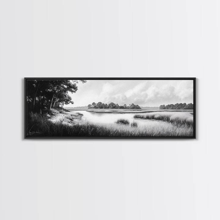 Marsh Scene, Grassy Shore, Tree Lined Path, Canvas Print, Nature Landscape Art, Rustic Cabin Decor, Peaceful Living Room Style