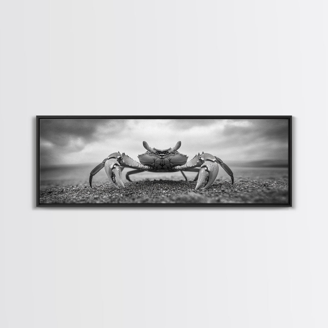 Closeup Crab, Coastal Creature, Dramatic Sand, Framed Canvas Print, Beach Wall Art, Nautical Bathroom Decor, Ocean Nature Photo