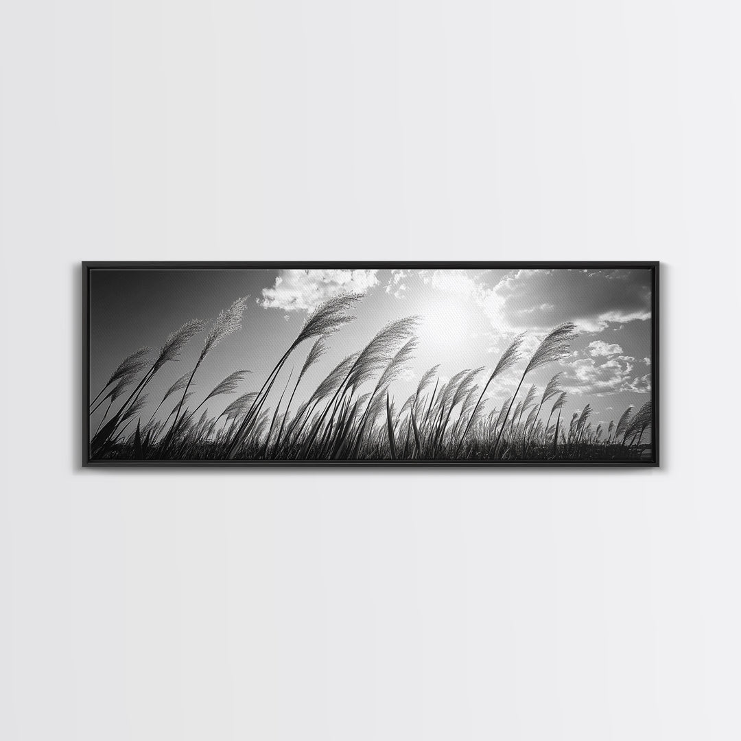 Windy Grass Field, Sunlit Sky, Nature Movement, Prairie Glow, Framed Canvas Print, Fall Wall Art, Living Room Decor, Boho Rustic Aesthetic