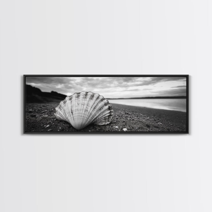 Shell on Shore, Monochrome Coastal, Canvas Print, Boho Wall Art, Bathroom Wall Decor, Natural Beach Aesthetic, Ocean Inspired Art