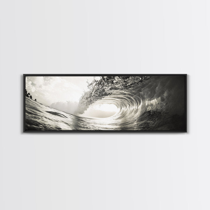 Ocean Barrel Wave, Surf Photography, Coastal Decor, Sepia Framed Canvas Print, Modern Beach House Bathroom or Living Room Wall Art
