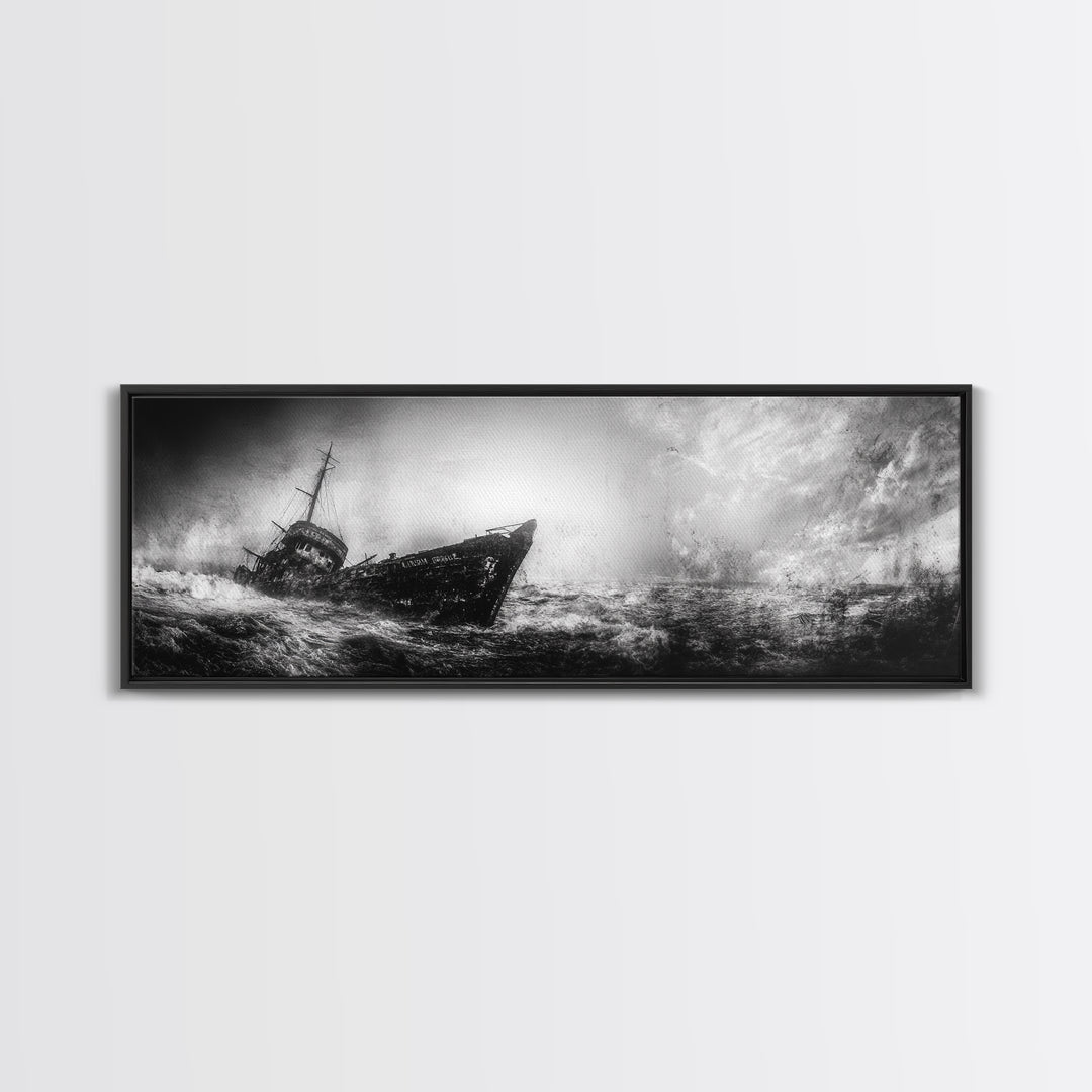 Abandoned Shipwreck Storm, Dark Sea Drama, Grunge Nautical Art, Framed Canvas Print, Industrial Office or Man Cave Wall Decor