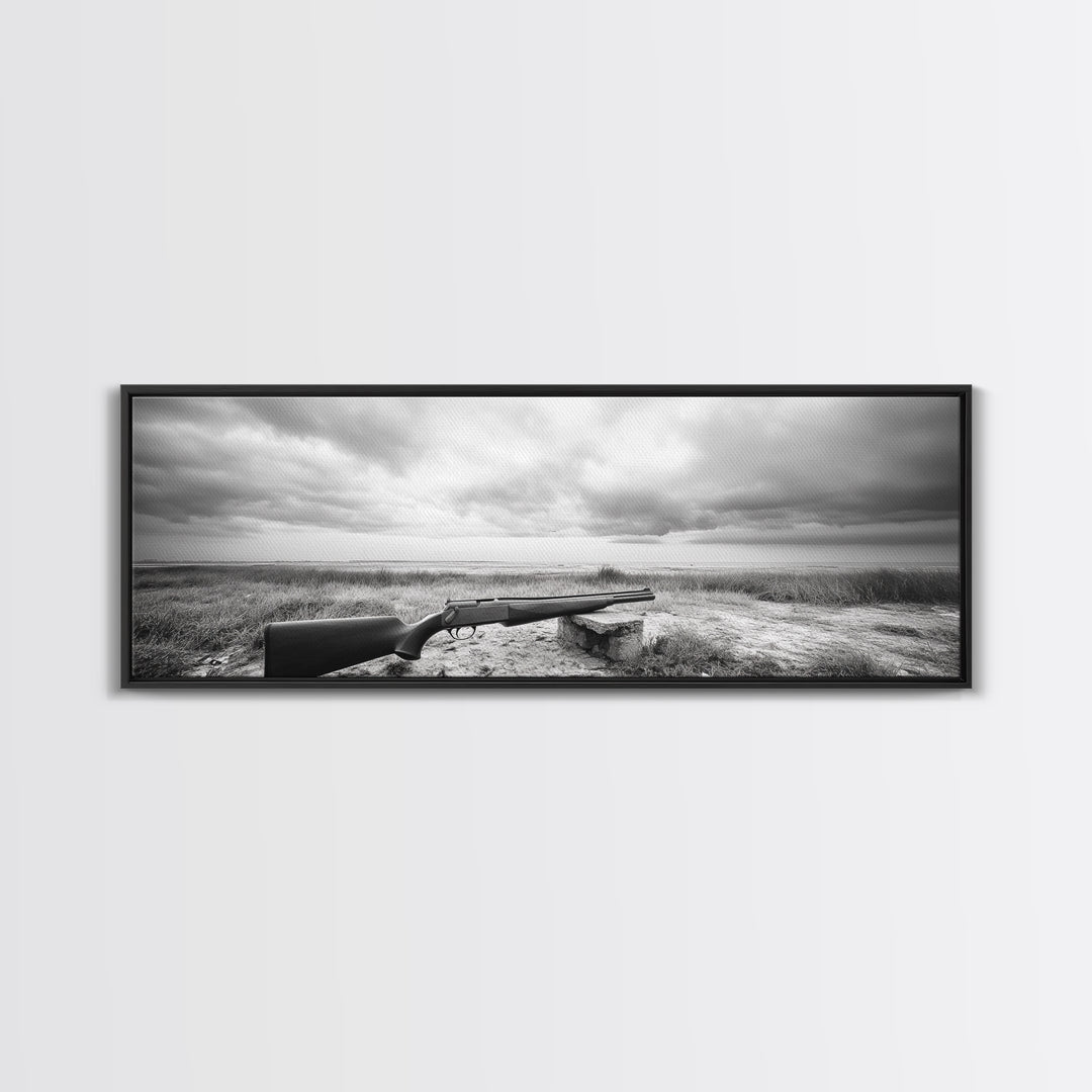 Coastal Rifle Scene, Outdoorsman Decor, Field and Sky Black and White Framed Canvas Print, Autumn Cabin or Lodge Wall Art