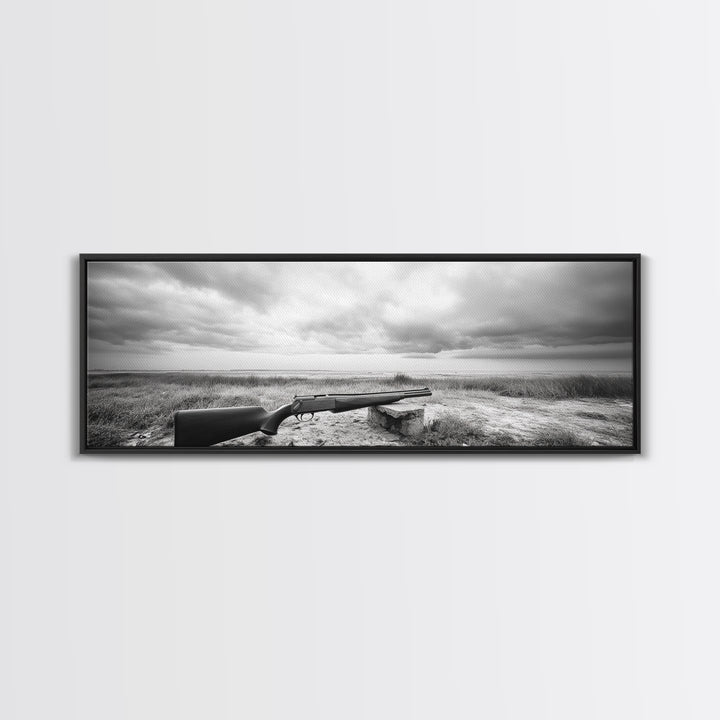 Coastal Rifle Scene, Outdoorsman Decor, Field and Sky Black and White Framed Canvas Print, Autumn Cabin or Lodge Wall Art
