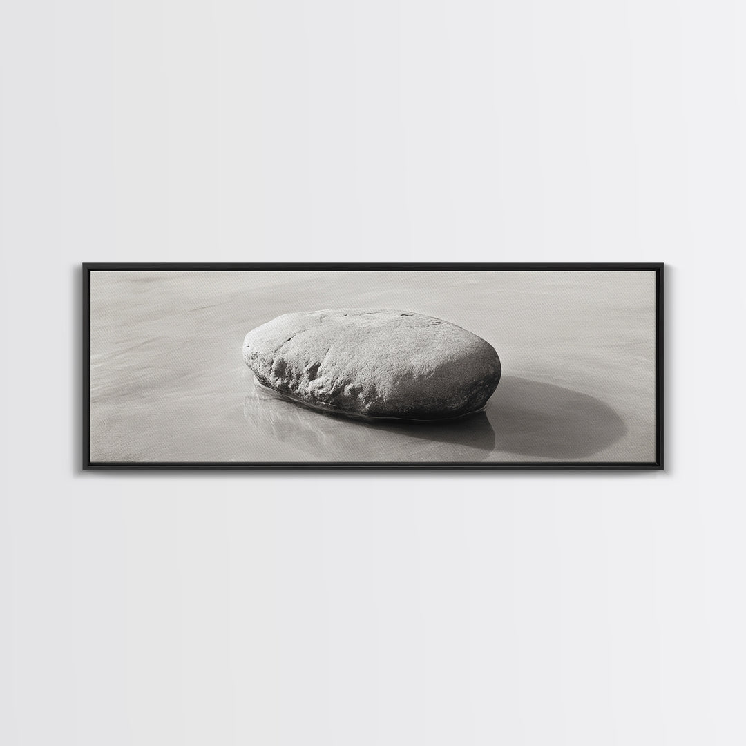 Smooth Beach Rock, Minimal Seascape, Zen Coastal Decor, Tranquil Framed Canvas Print, Modern Spa or Bedroom Wall Art