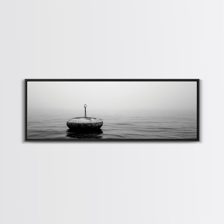 Solitary Sea Buoy, Calm Ocean View, Black White Minimalist, Nautical Canvas Print, Peaceful Coastal Wall Art, Bedroom Decor