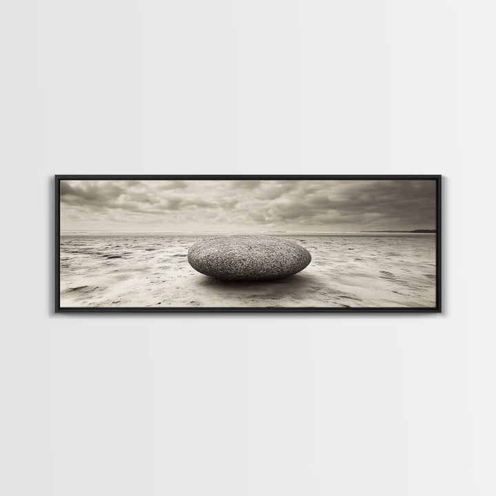 Round Beach Boulder, Serene Shore, Natural Simplicity, Neutral Toned Framed Canvas Print, Minimalist Living Room or Yoga Wall Art
