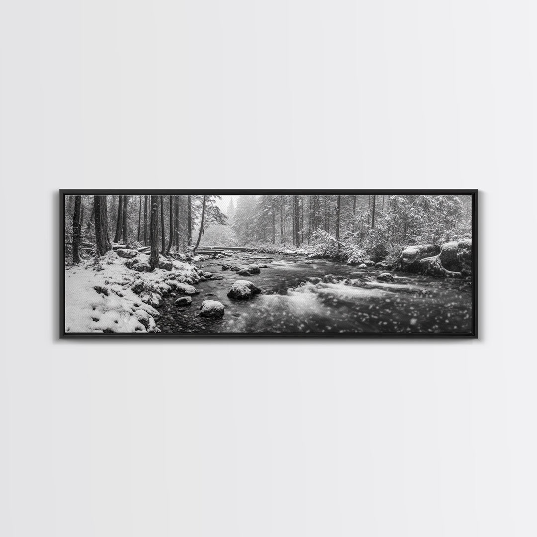 River Stream, Snow Forest, Winter Tranquility, Canvas Print, cozy cabin art, hygge home decor, Christmas wall art, woodland minimalist art