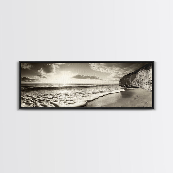 Cliff Coastline, Ocean Sunset, Beach Waves, Framed Canvas Print, seascape wall art, coastal bedroom decor, relaxing nature vibe, neutral art