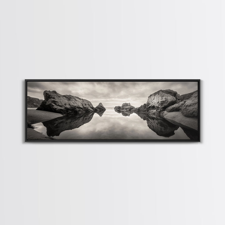 Rock Reflection, Coastal Tranquility, Nature Mirror, Framed Canvas Print, black and white coastal art, zen bathroom decor, moody ocean wall art