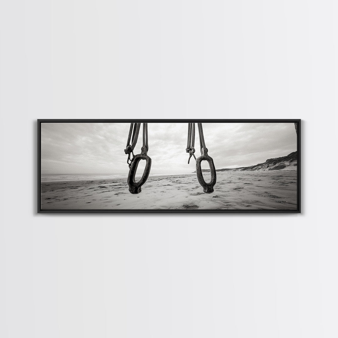 Nautical Swing, Beach Ropes, Seaside Minimalism, Canvas Print, black and white beach decor, coastal hallway wall art, maritime rustic style