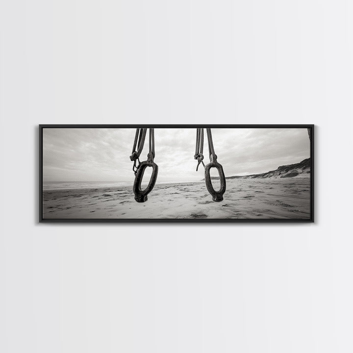 Nautical Swing, Beach Ropes, Seaside Minimalism, Canvas Print, black and white beach decor, coastal hallway wall art, maritime rustic style