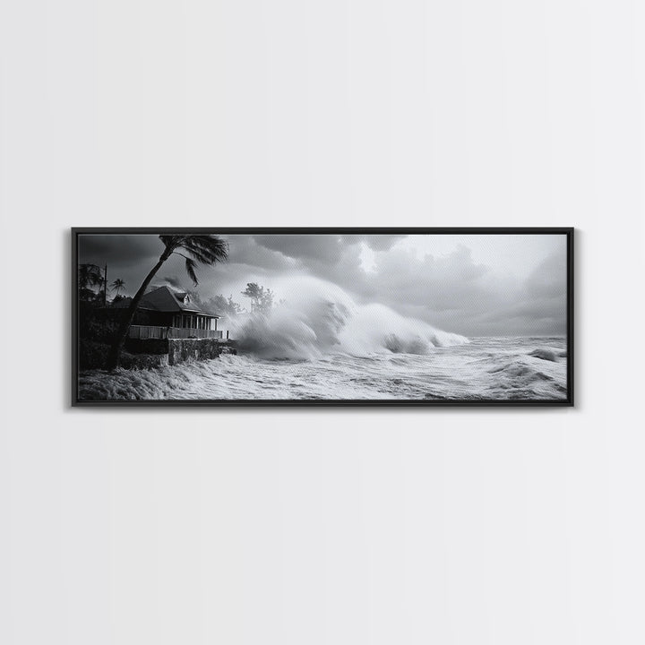 Stormy Waves, Ocean Fury, Tropical Housefront, Canvas Print, dramatic coastal decor, fall storm wall art, modern living room statement