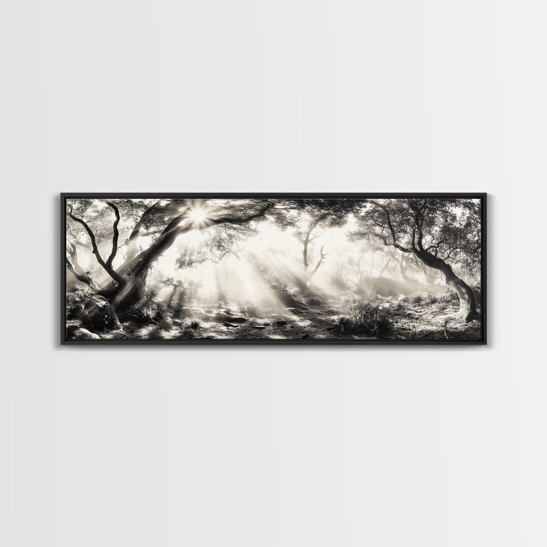 Enchanted Forest, Sunlight Rays, Dreamy Woodland, Framed Canvas Print, boho nature decor, spiritual wall art, bedroom forest scene