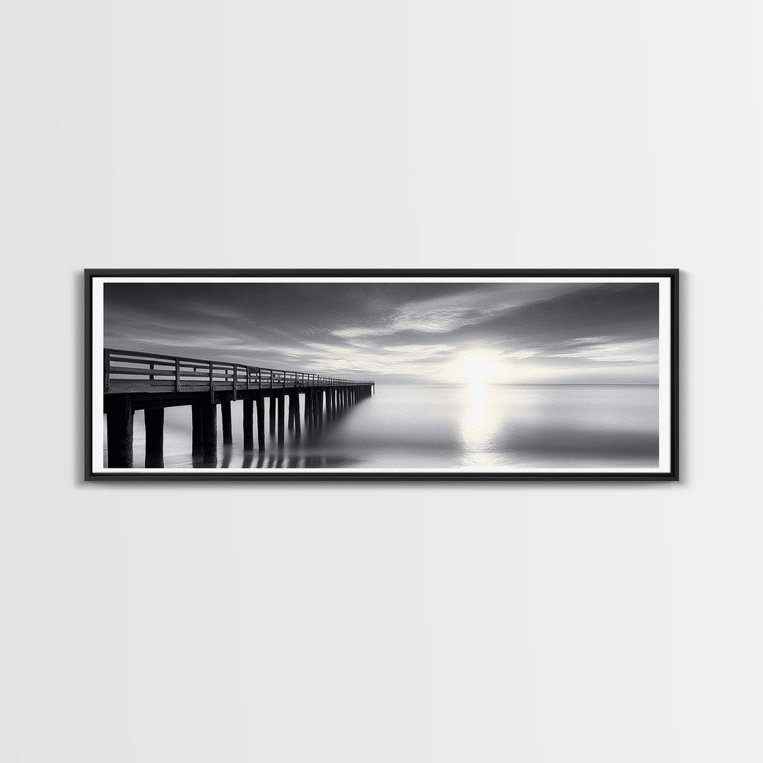 Ocean Pier, Tranquil Horizon, Serene Seascape, Framed Canvas Print, black and white beach wall art, bedroom coastal minimalism