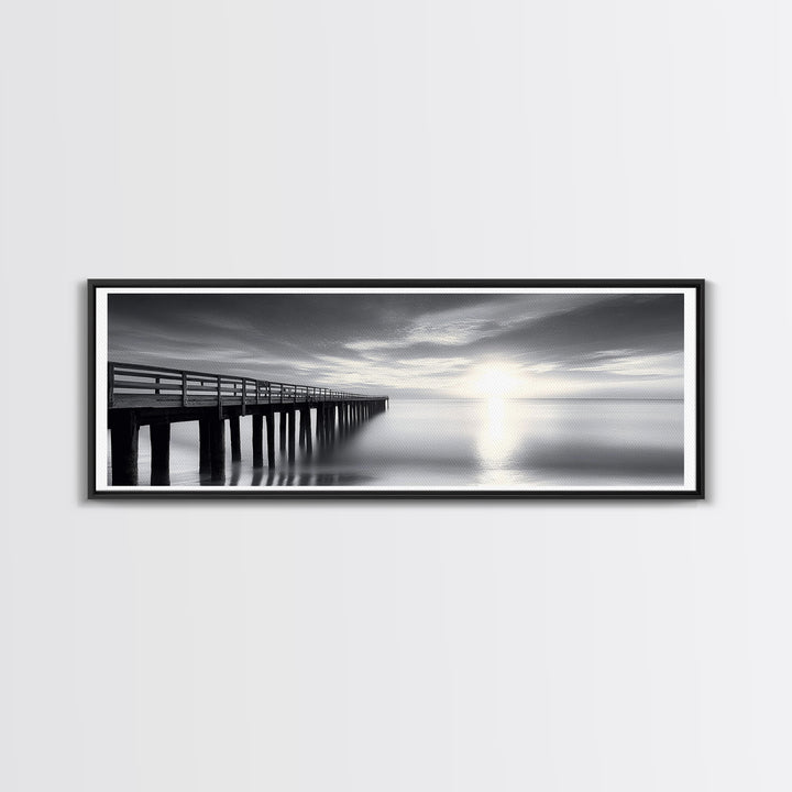 Ocean Pier, Tranquil Horizon, Serene Seascape, Framed Canvas Print, black and white beach wall art, bedroom coastal minimalism