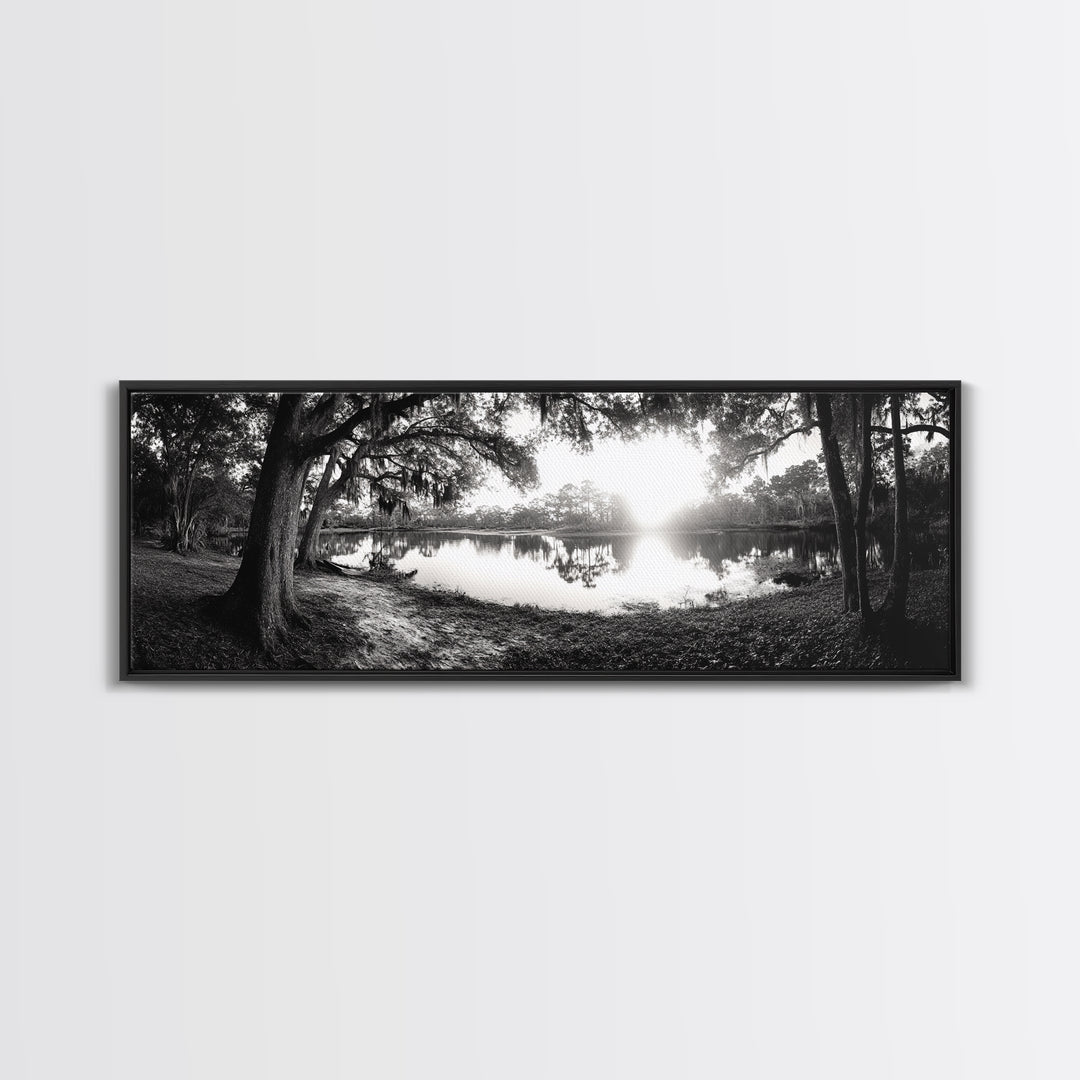 River Sunset, Mossy Trees, Tranquil Reflection, Framed Canvas Print, southern forest wall art, peaceful living room decor, rustic boho vibe