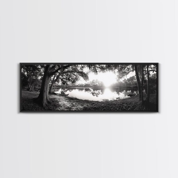 River Sunset, Mossy Trees, Tranquil Reflection, Framed Canvas Print, southern forest wall art, peaceful living room decor, rustic boho vibe