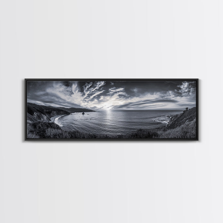 Cloudy Horizon, Wide Ocean View, Coastal Cliffs, Framed Canvas Print, dramatic seascape wall art, coastal kitchen decor, black and white