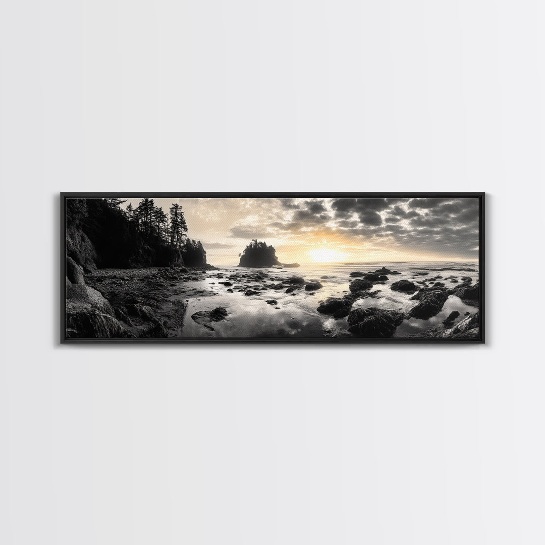 Sunset Shoreline, Moody Rocks, Forested Coast, Framed Canvas Print, nature lover gift, fall coastal art, rustic bathroom wall decor