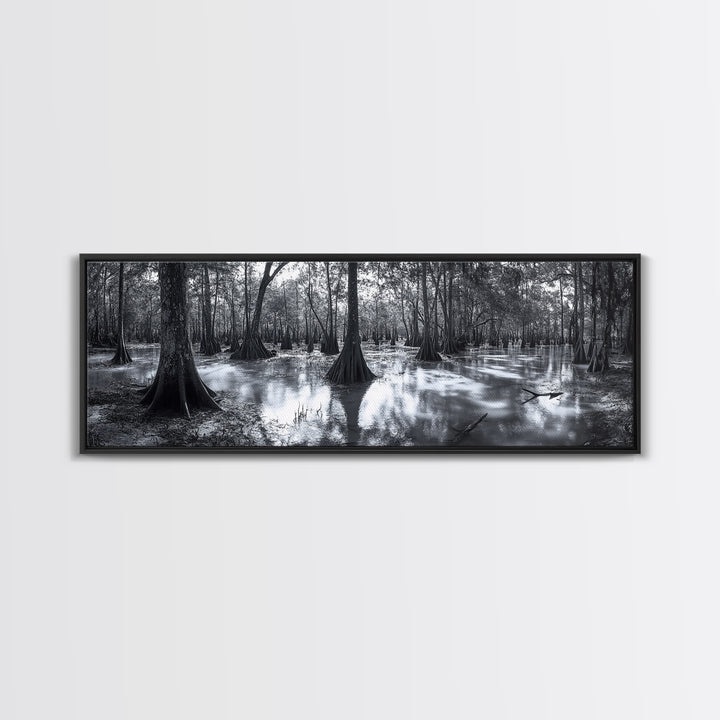 Swamp Roots, Cypress Trees, Flooded Forest, Framed Canvas Print, southern nature art, rustic lodge wall decor, moody woodland photography