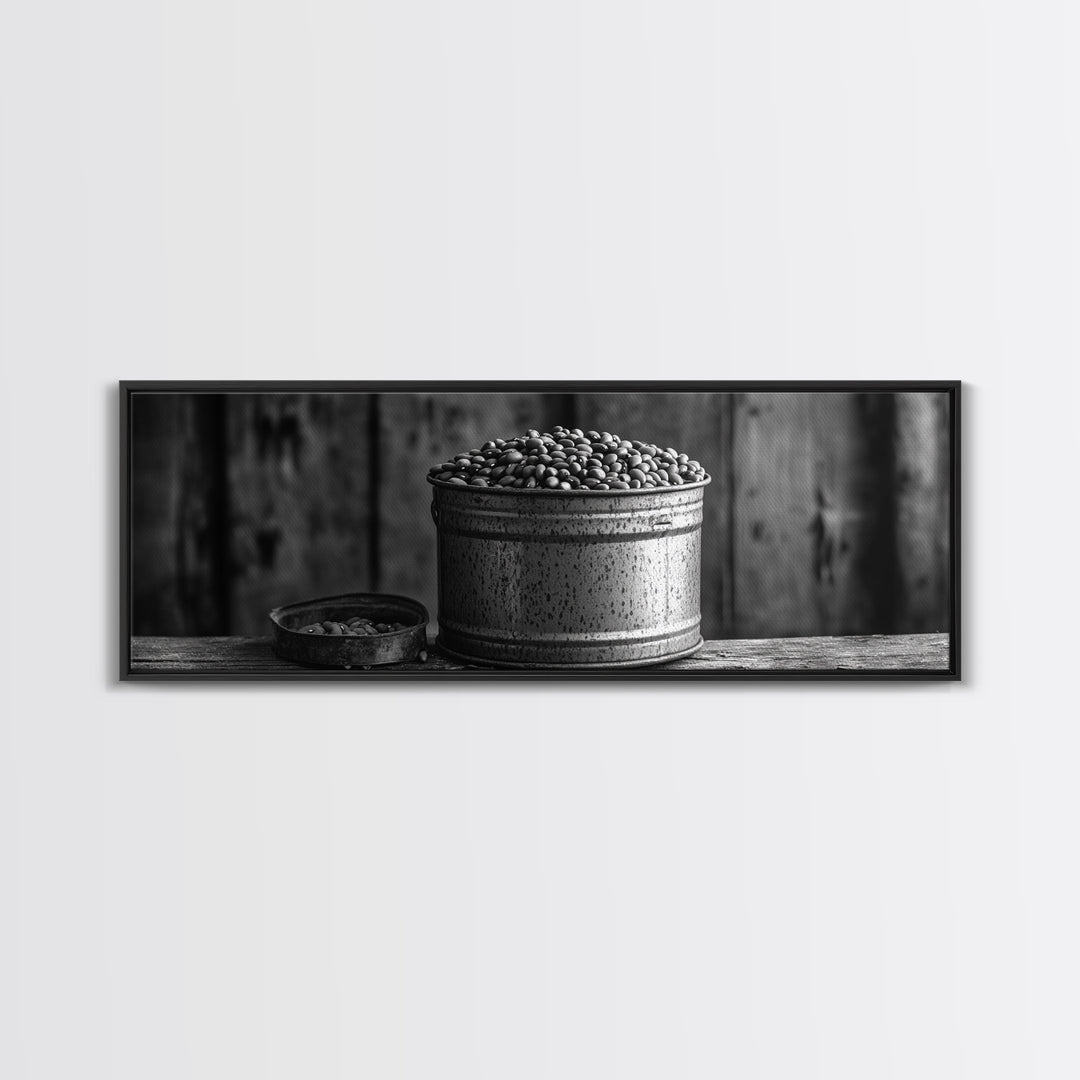 Rustic Bean Bucket, Farmhouse Kitchen, Country Decor, Autumn Wall Art, Framed Canvas Print, Rustic Style, Cozy Kitchen Wall Art