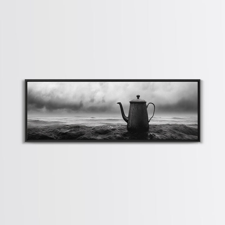 Coastal Teapot Still, Nautical Decor, Ocean Photography, Minimalist Kitchen Art, Canvas Print, Monochrome Style, Beach House Art