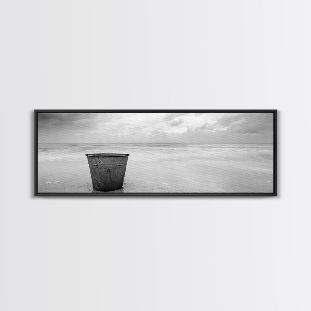 Seaside Metal Pail, Coastal Minimalism, Black White Art, Modern Bathroom Art, Framed Canvas Print, Tranquil Ocean Wall Decor