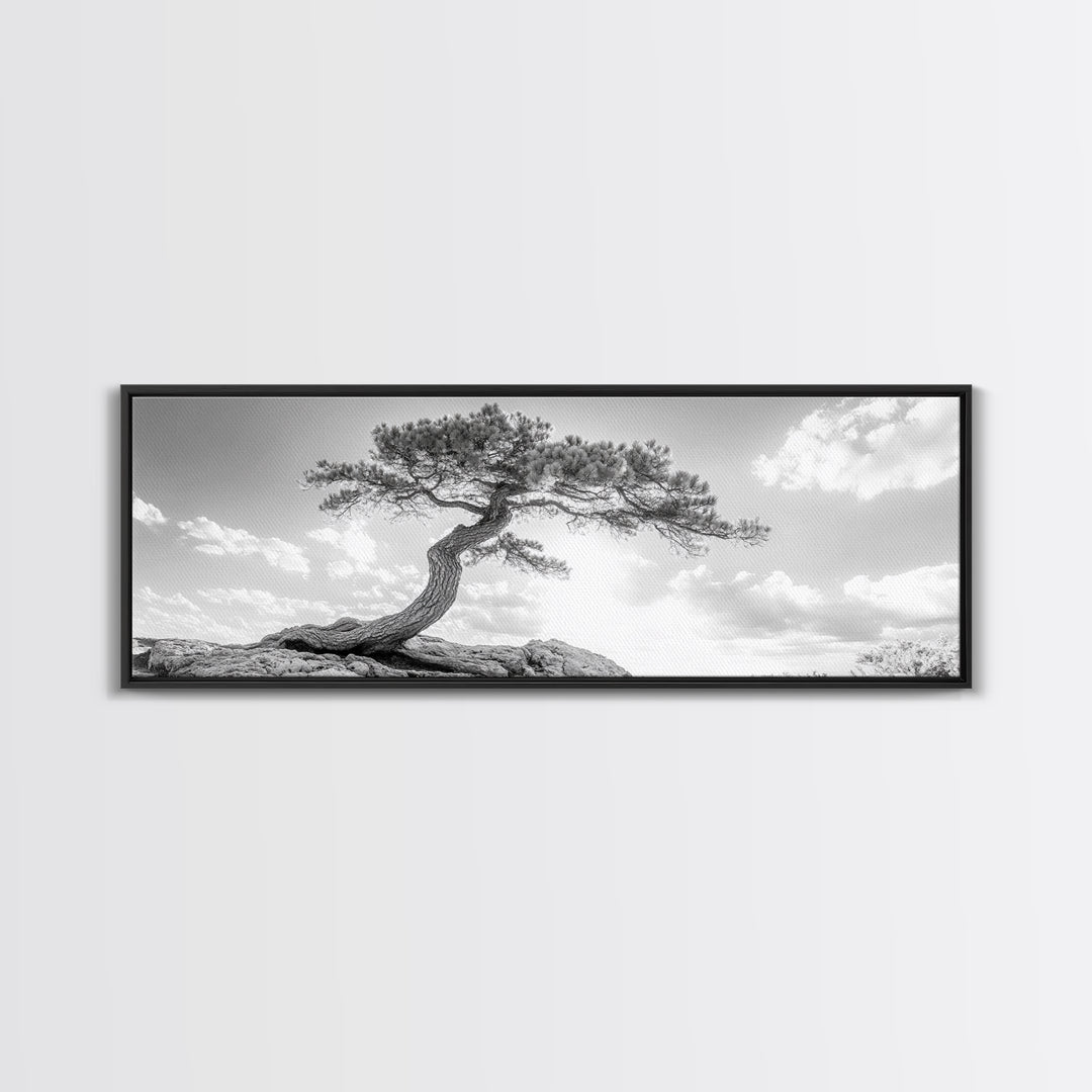 Lone Curved Tree, Zen Nature Print, Minimalist Landscape, Calming Decor, Framed Canvas Print, Bedroom Wall Statement