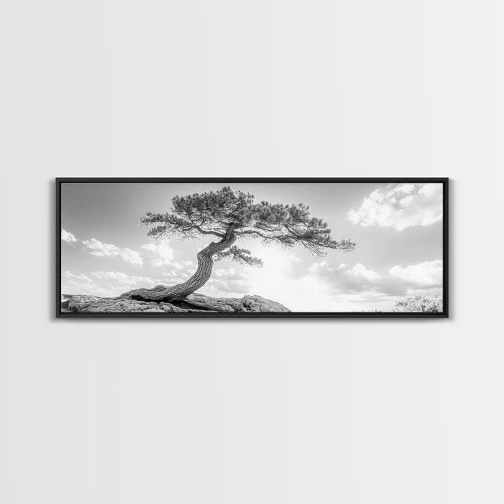 Lone Curved Tree, Zen Nature Print, Minimalist Landscape, Calming Decor, Framed Canvas Print, Bedroom Wall Statement