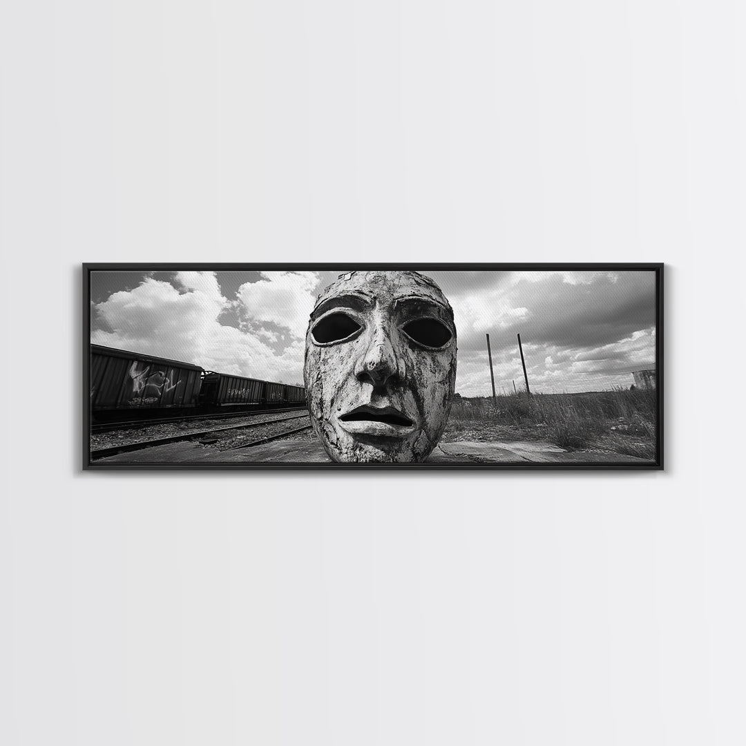 Abandoned Train Mask, Urban Surrealism, Monochrome Street Art, Modern Edgy Decor, Framed Canvas Print, Industrial Room Style