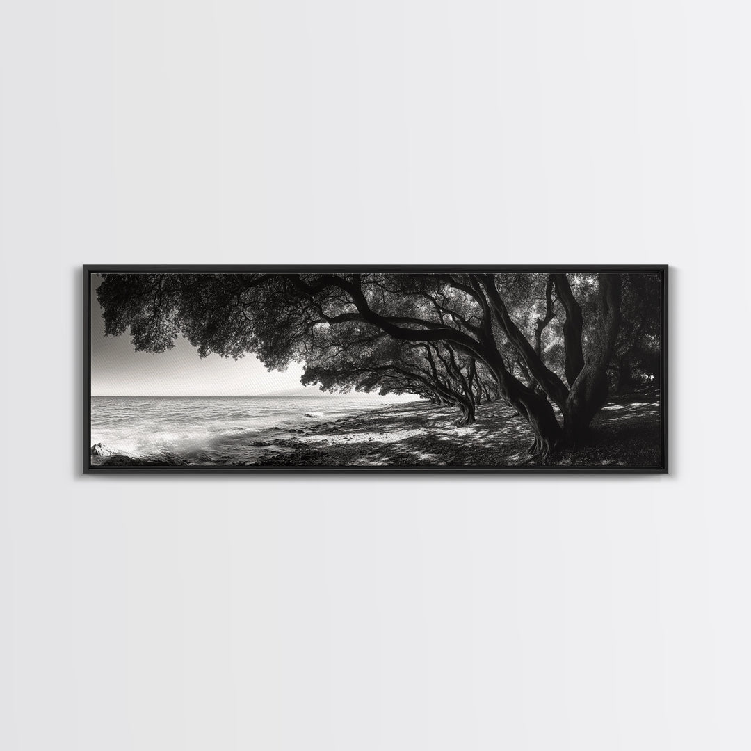 Ocean Trees, Shoreline Light, Majestic Forest, Beach Scene, Framed Canvas Print, Boho Wall Decor, Bedroom Art, Zen Coastal Artwork
