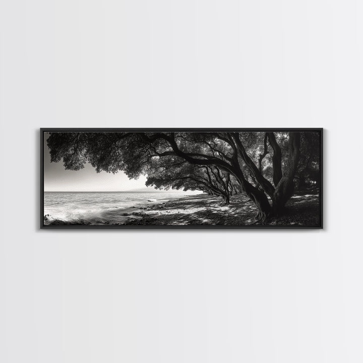 Ocean Trees, Shoreline Light, Majestic Forest, Beach Scene, Framed Canvas Print, Boho Wall Decor, Bedroom Art, Zen Coastal Artwork