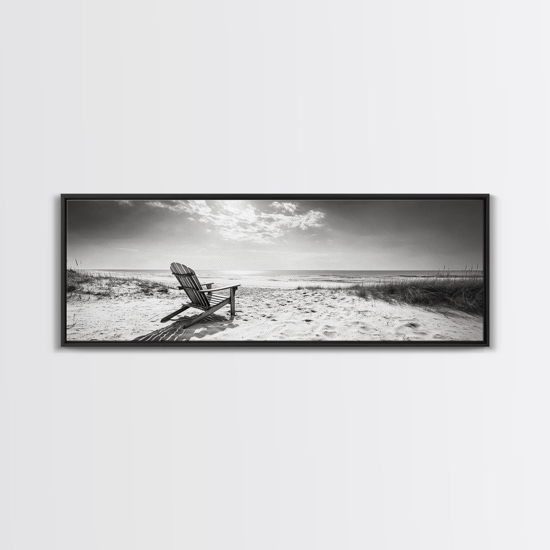 Coastal Chair, Black White, Seaside Decor, Beach Life, Framed Canvas Print, Coastal wall art, minimalist art, neutral tones, coastal room
