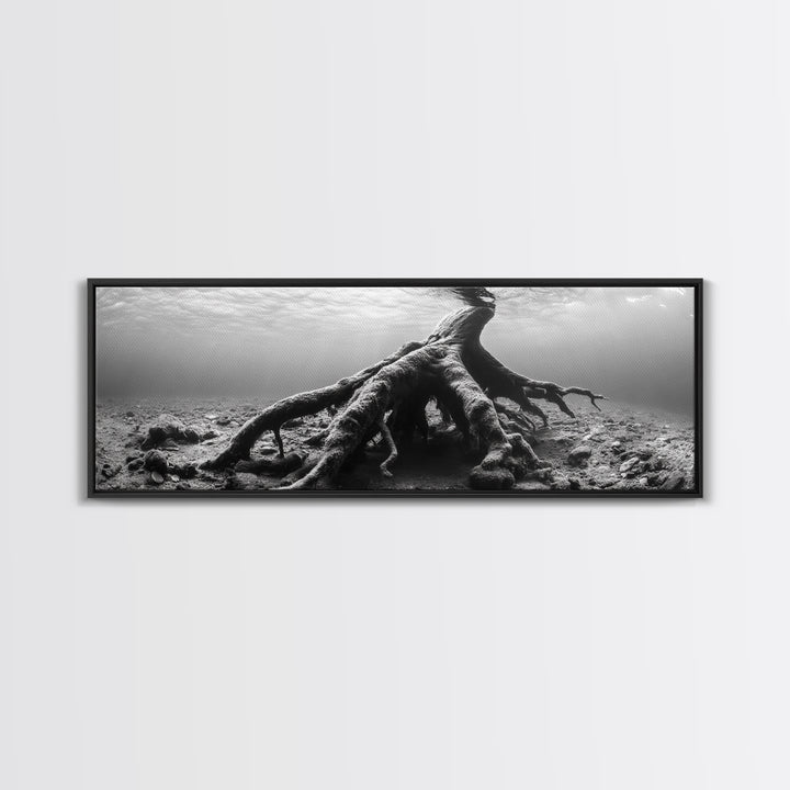 Ancient Roots, Submerged Tree, Nature Photography, Black and White, Canvas Print, Minimalist Underwater Art, Office Wall Art, Moody Decor