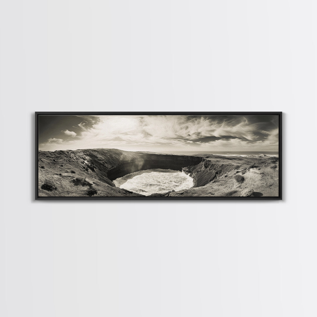 Ocean Crater, Coastal Cliff, Surreal Nature Art, Black and White Canvas Print, Gallery Wall Art, Earthy Decor, Adventure Inspired