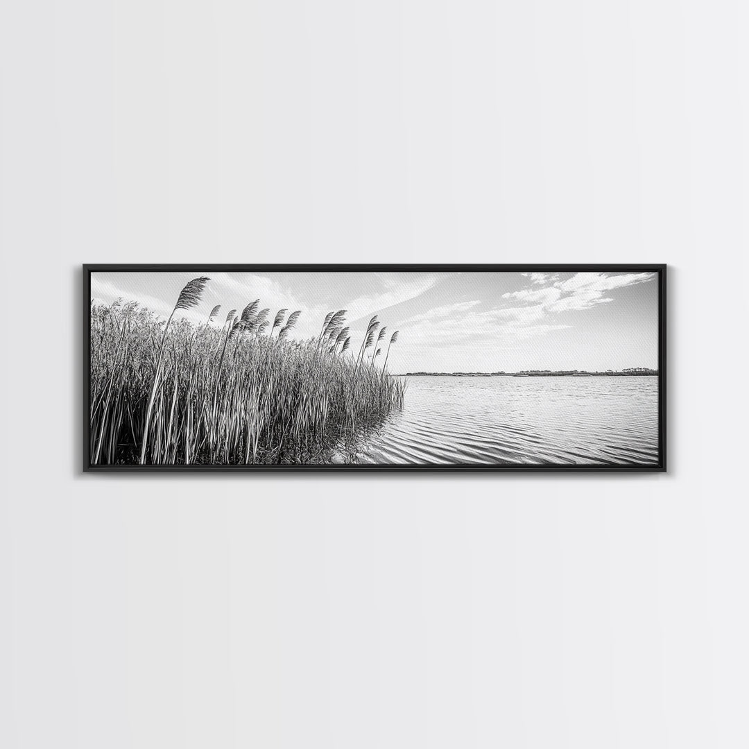 Windy Reeds, Lakeside Breeze, Natural Grass Art, Monochrome Landscape, Canvas Print, Boho Living Room Decor, Botanical Minimalist Wall Art