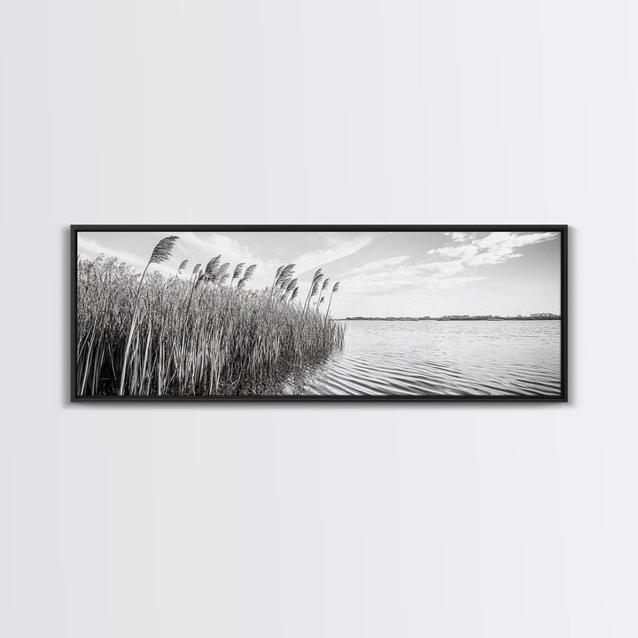 Windy Reeds, Lakeside Breeze, Natural Grass Art, Monochrome Landscape, Canvas Print, Boho Living Room Decor, Botanical Minimalist Wall Art