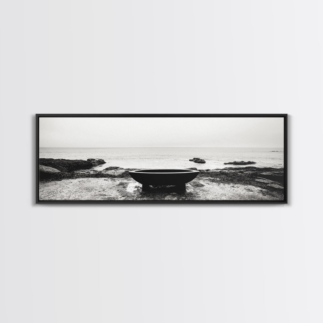 Coastal Boat, Ocean Horizon, Solitude Scene, Black and White Seascape, Canvas Print, Modern Bathroom Wall Art, Minimalist Decor