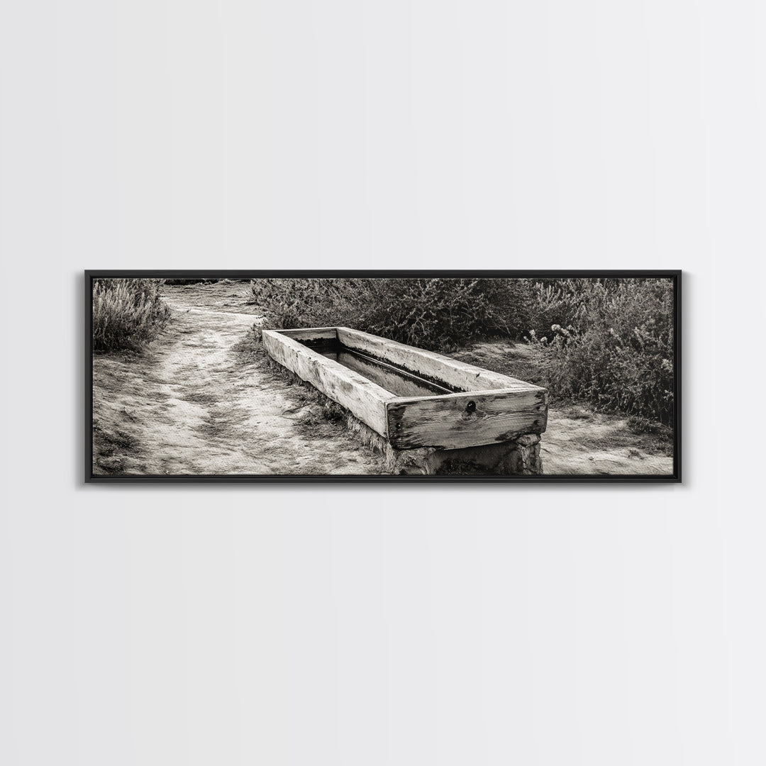 Rustic Water Trough, Nature Trail, Western Desert Scene, Framed Canvas Print, Country Farmhouse Decor, Minimalist Entryway Wall Art