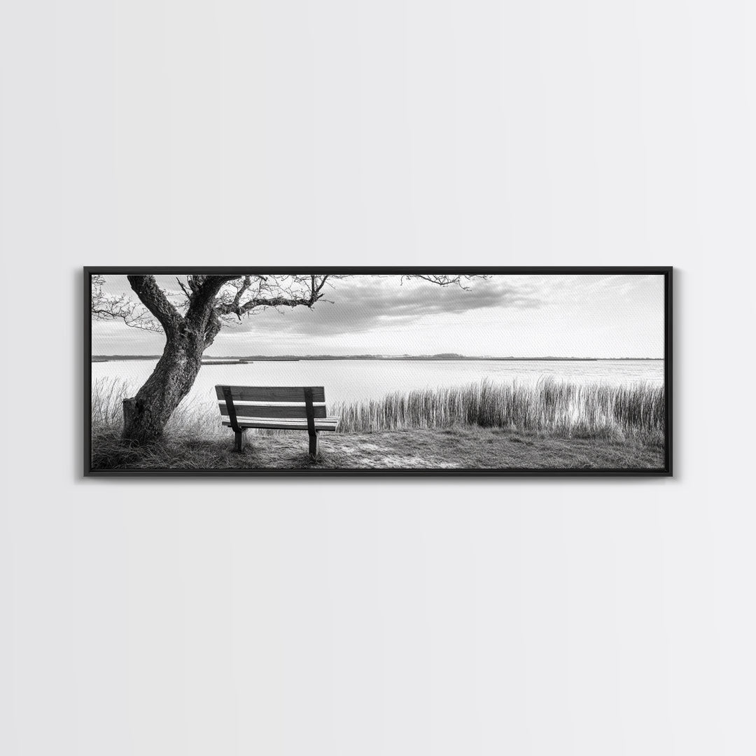 Quiet Lake Bench, Peaceful Reflection, Nature Photography, Framed Canvas Print, Serene Bedroom Decor, Minimalist Living Room Wall Art