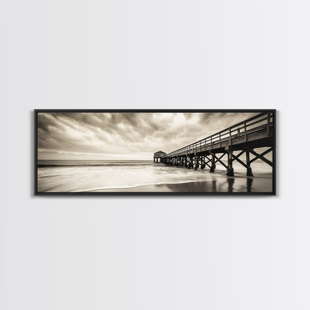 Pier at Dusk, Ocean Boardwalk, Stormy Beach Horizon, Framed Canvas Print, Moody Coastal Wall Art, Nautical Living Room Decor